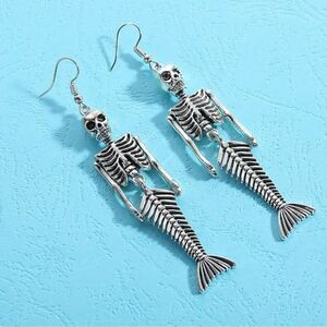 Goth Skeleton Mermaid Earrings, Dangling, Moving Joints, silver color
